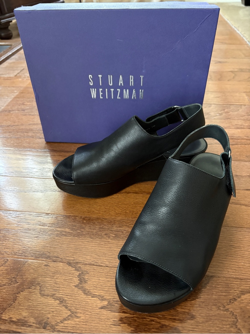 Stuart Weitzman Offset Platform Wedge Black Leather Sandal